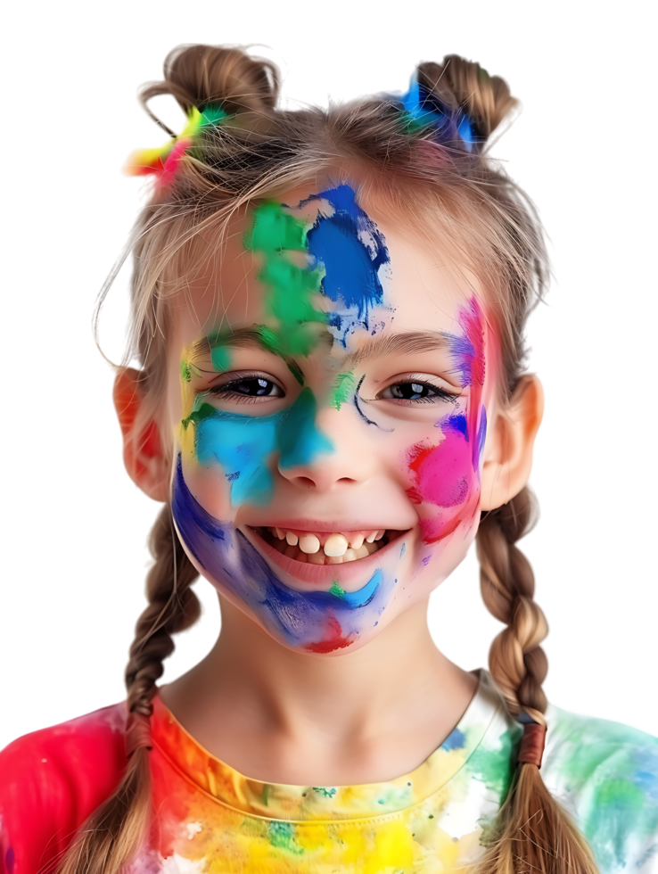 Happy girl kid with colorful face paint, isolated against a transparent background png