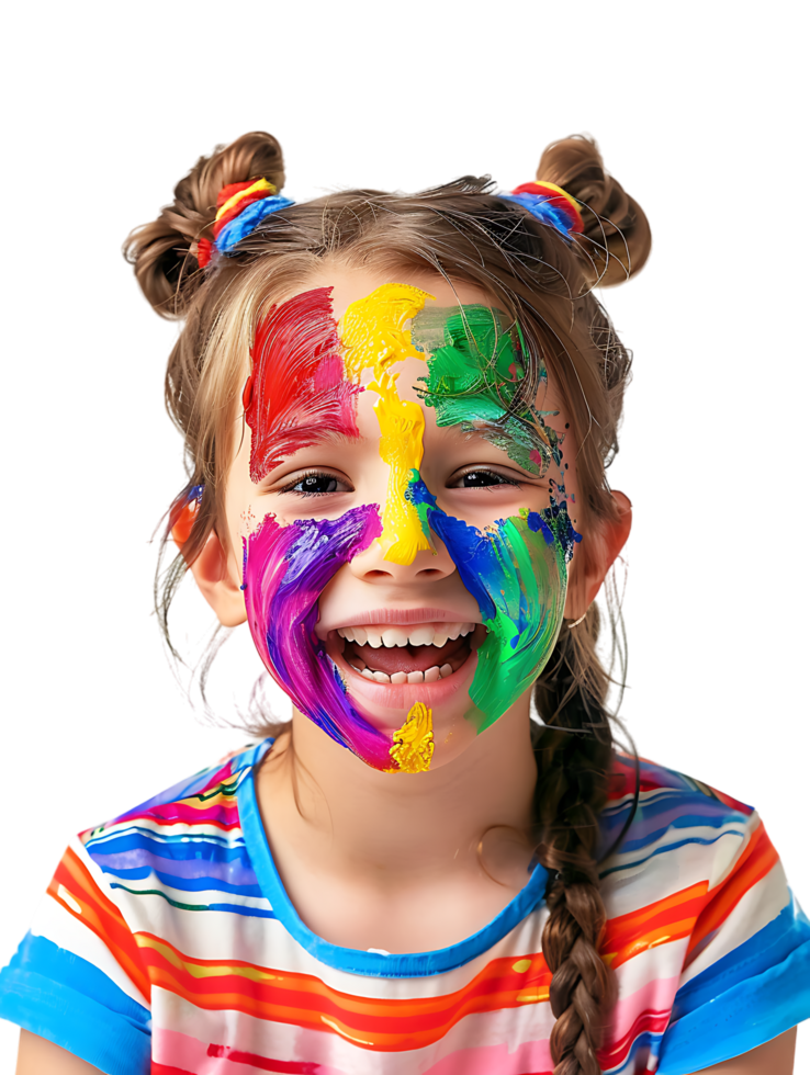 Happy girl kid with colorful face paint, isolated against a transparent background png