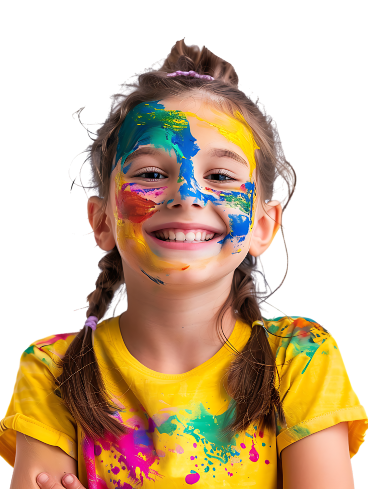 Happy girl kid with colorful face paint, isolated against a transparent background png
