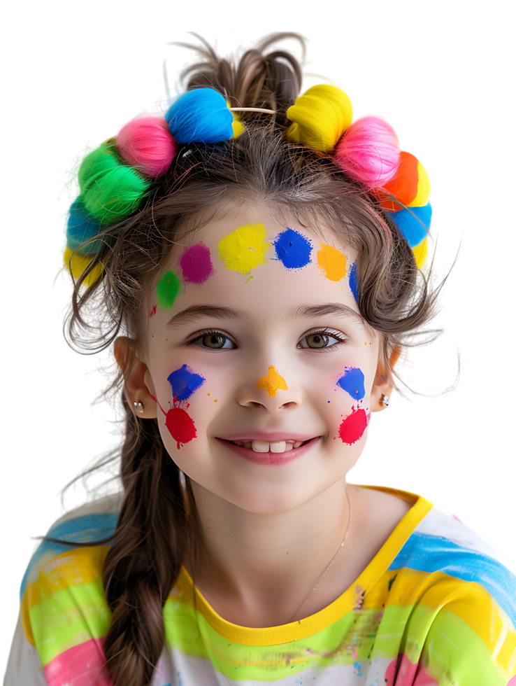 Happy girl kid with colorful face paint, isolated against a transparent background png