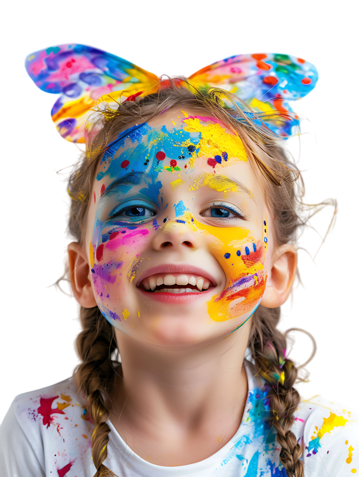 Happy girl kid with colorful face paint, isolated against a transparent background png