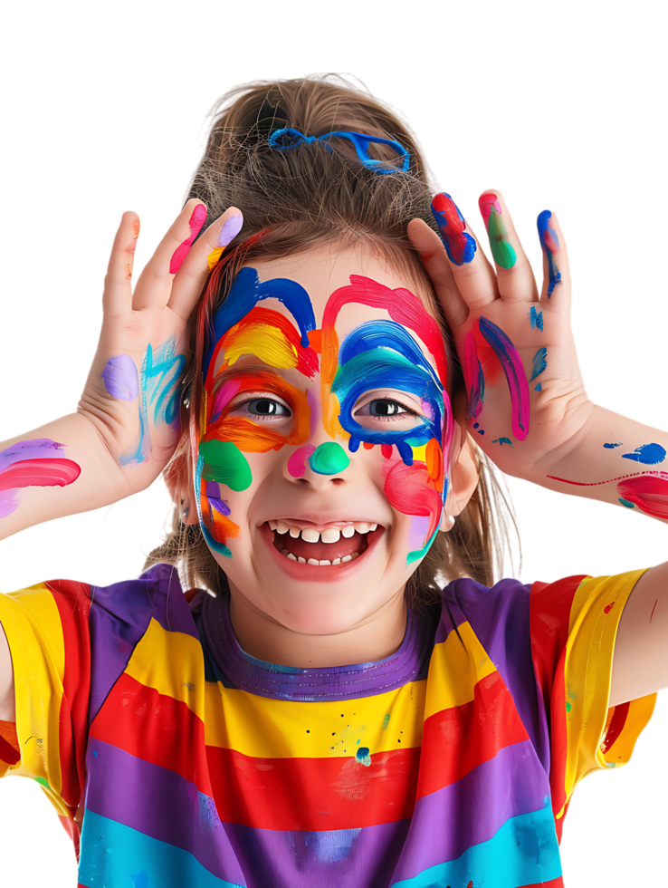 Happy girl kid with colorful face paint, isolated against a transparent background png