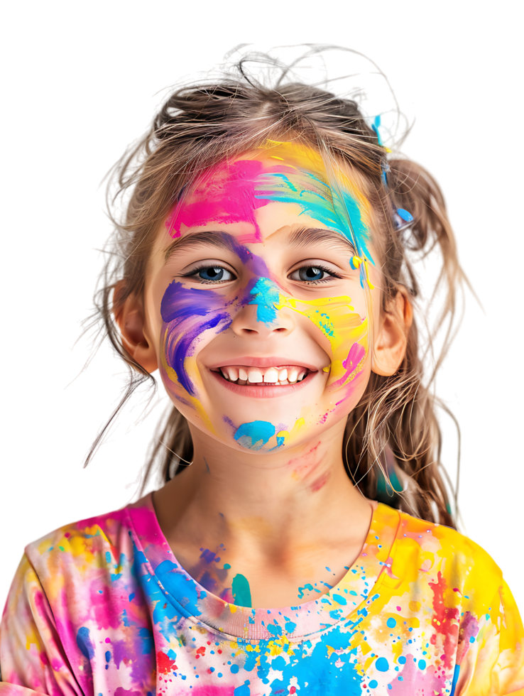 Happy girl kid with colorful face paint, isolated against a transparent background png