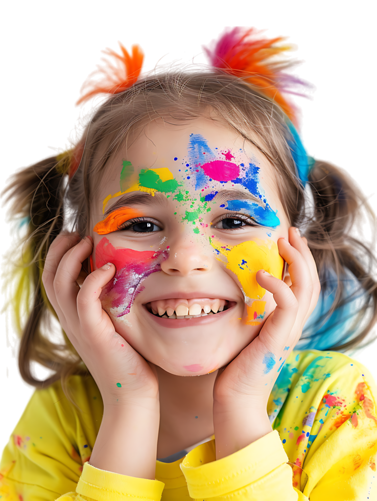 Happy girl kid with colorful face paint, isolated against a transparent background png