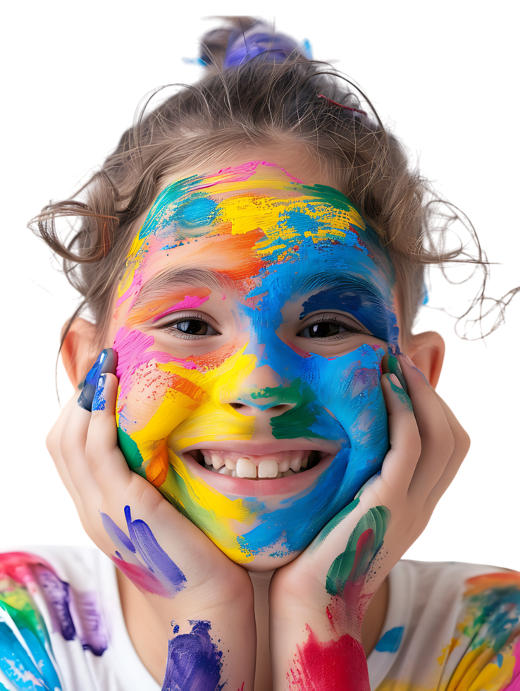 Happy girl kid with colorful face paint, isolated against a transparent background png