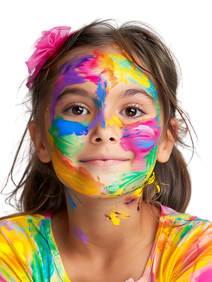 Happy girl kid with colorful face paint, isolated against a transparent background png