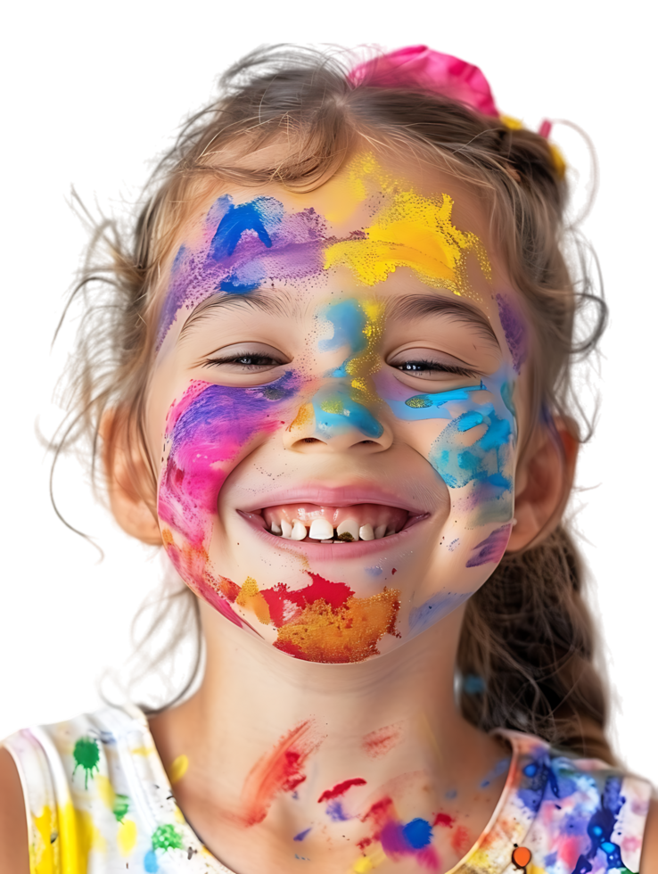 Happy girl kid with colorful face paint, isolated against a transparent background png