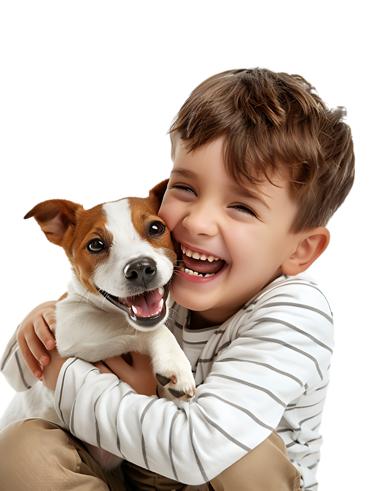 joyful young boy with a dog, isolated against a transparent background png