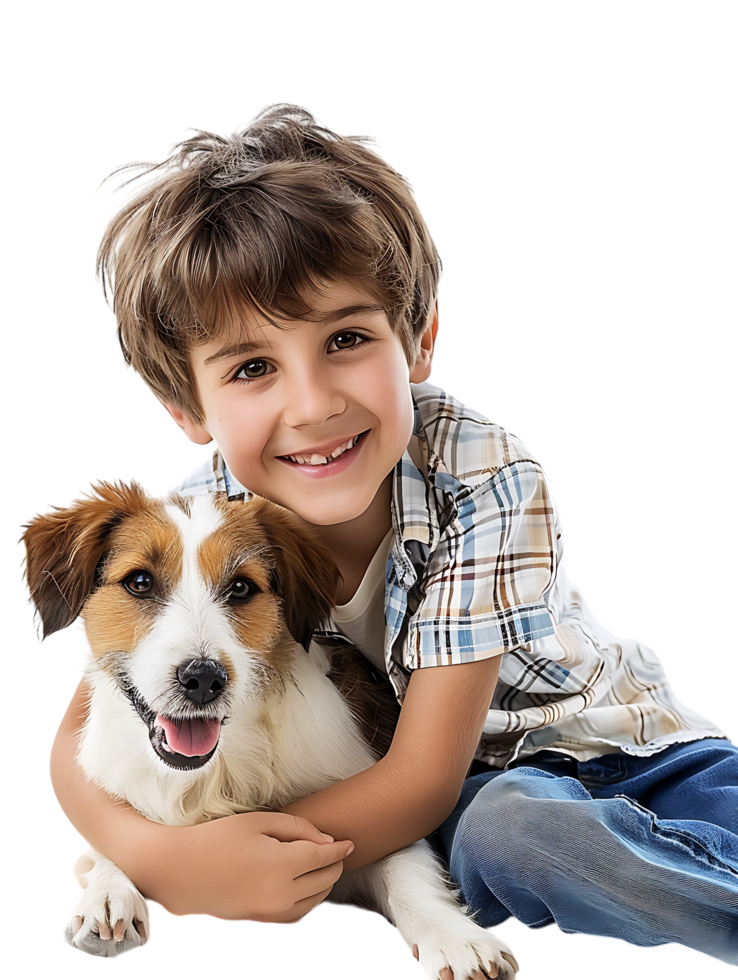 joyful young boy with a dog, isolated against a transparent background png
