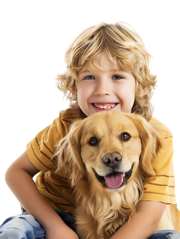 joyful young boy with a dog, isolated against a transparent background png