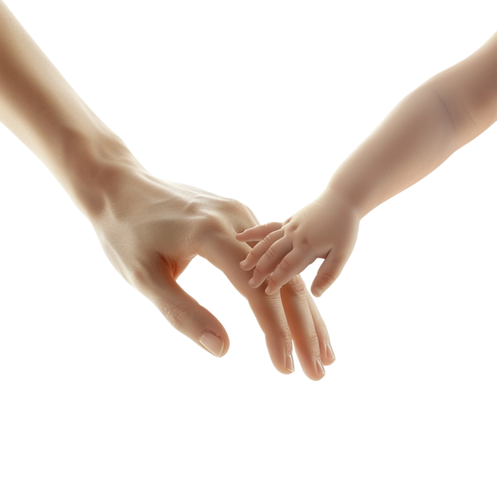 A hand tenderly holding a baby's hand, depicted alone against a transparent background png