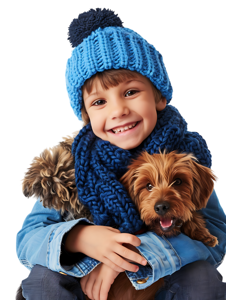 joyful young boy with a dog, isolated against a transparent background png