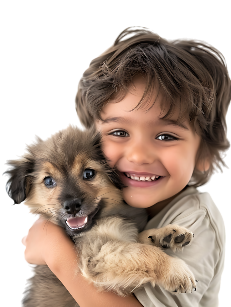 joyful young boy with a dog, isolated against a transparent background png