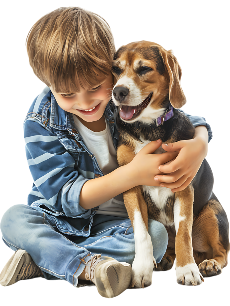 joyful young boy with a dog, isolated against a transparent background png