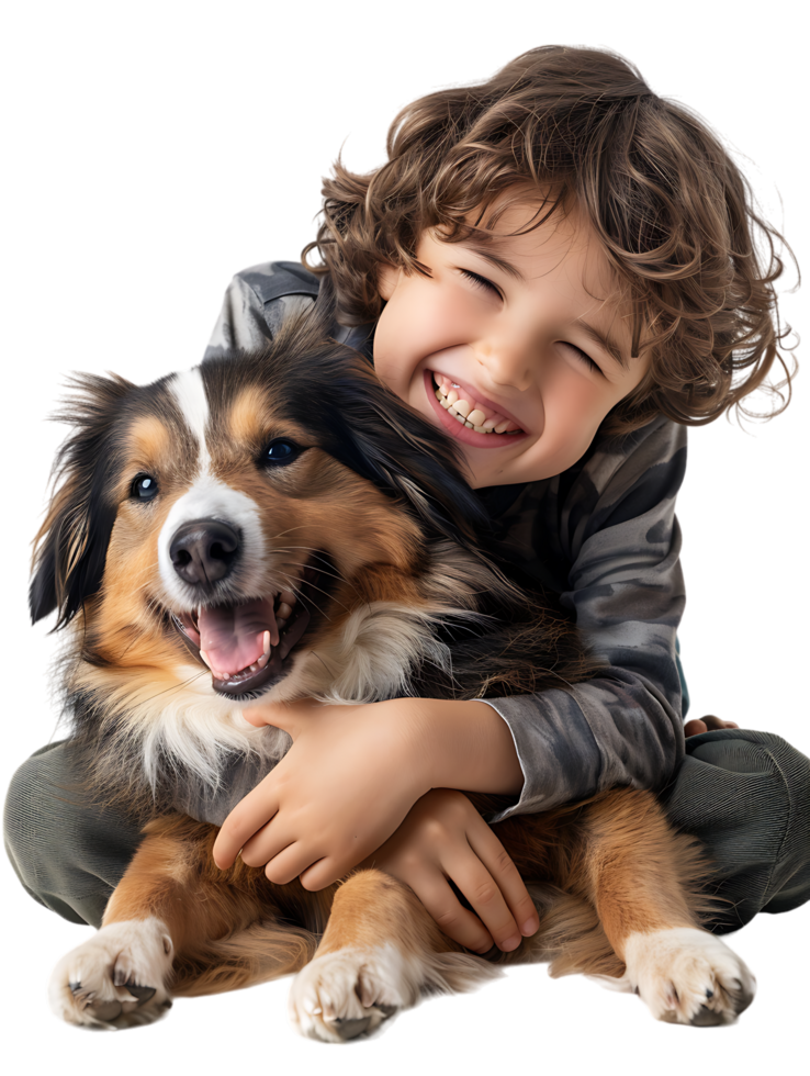 joyful young boy with a dog, isolated against a transparent background png