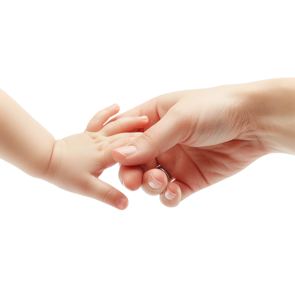 A hand tenderly holding a baby's hand, depicted alone against a transparent background png