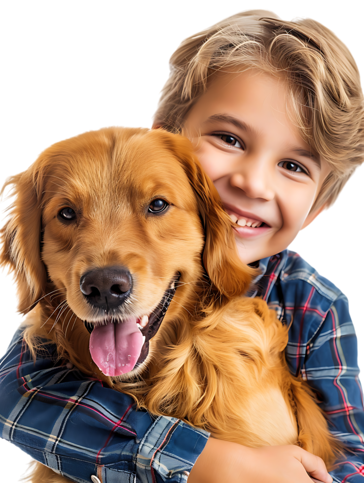 joyful young boy with a dog, isolated against a transparent background png