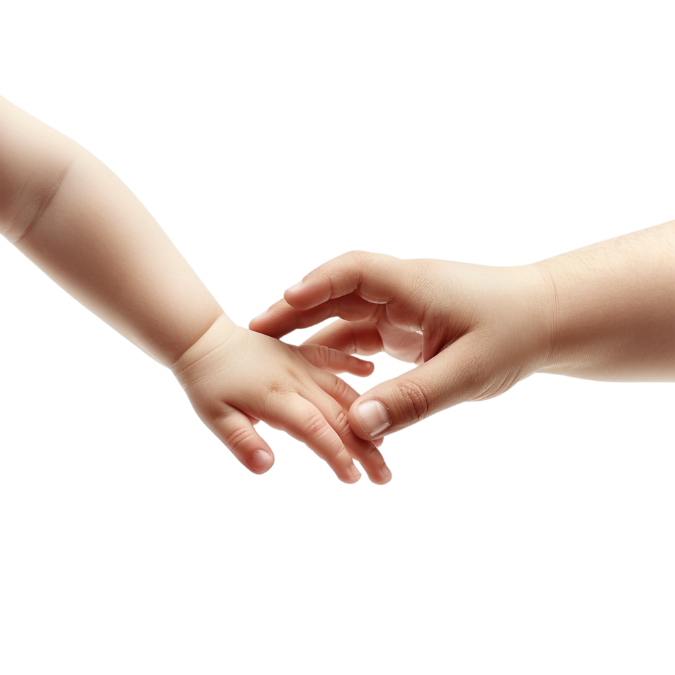 A hand tenderly holding a baby's hand, depicted alone against a transparent background png