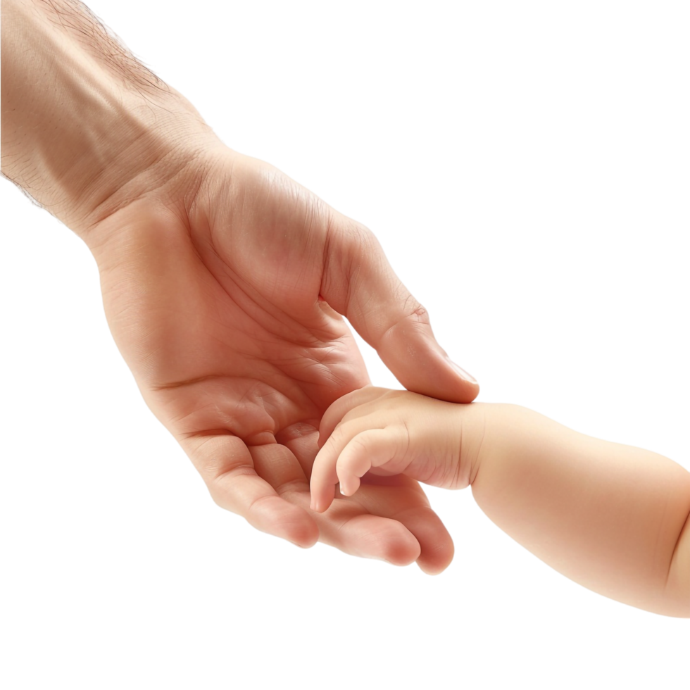 A hand tenderly holding a baby's hand, depicted alone against a transparent background png
