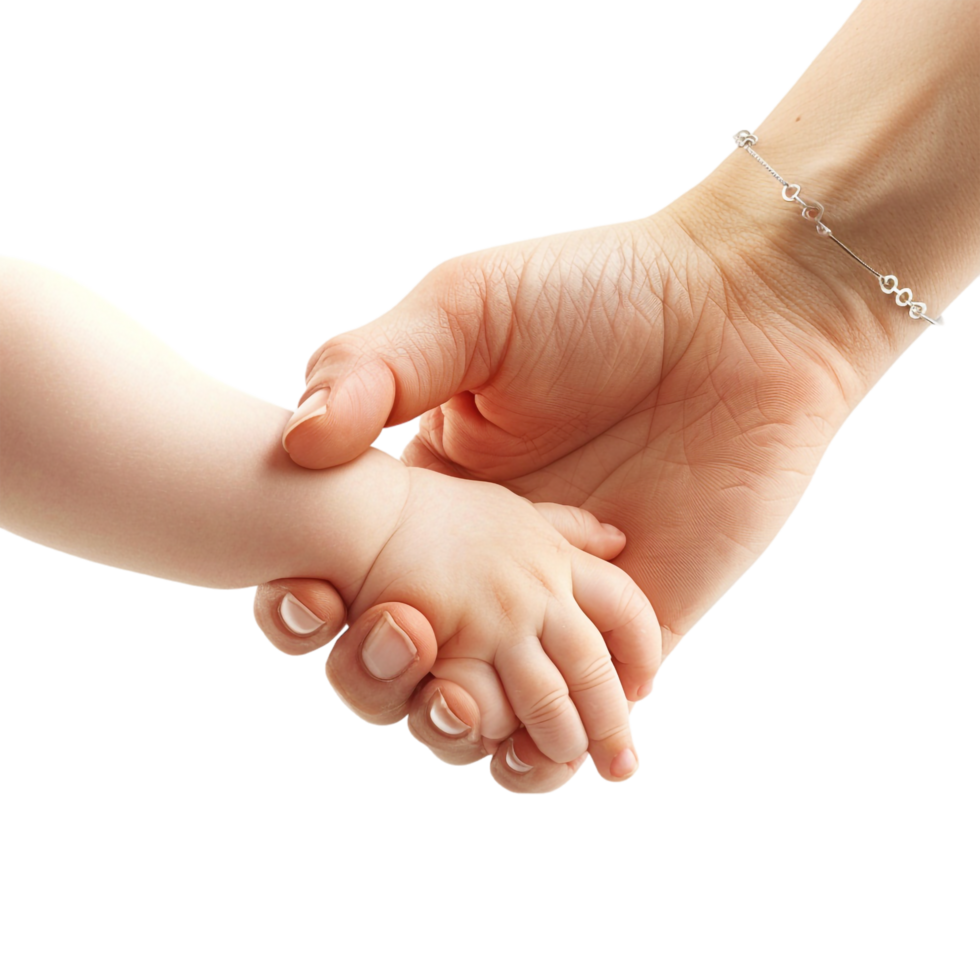 A hand tenderly holding a baby's hand, depicted alone against a transparent background png