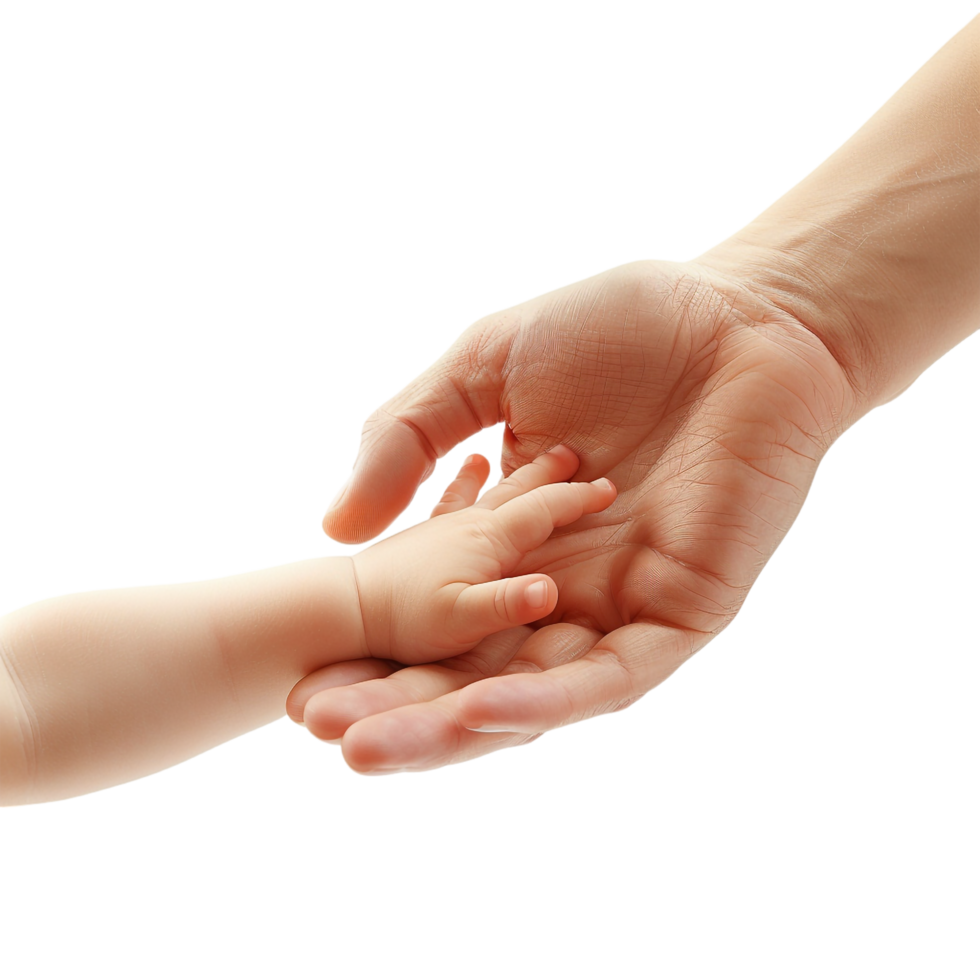 A hand tenderly holding a baby's hand, depicted alone against a transparent background png