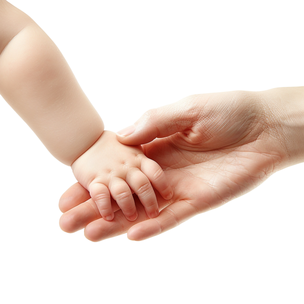 A hand tenderly holding a baby's hand, depicted alone against a transparent background png
