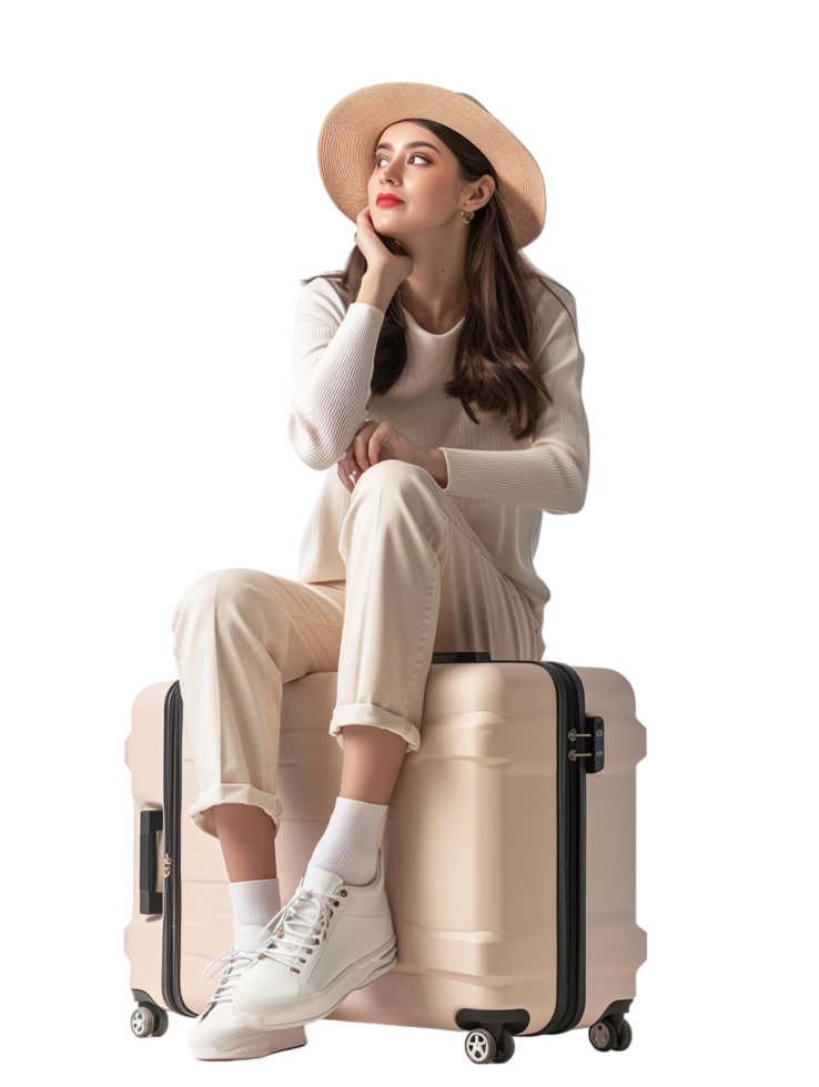 A woman sitting on a new suitcase isolated against a transparent background png