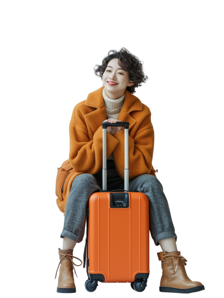 A woman sitting on a new suitcase isolated against a transparent background png