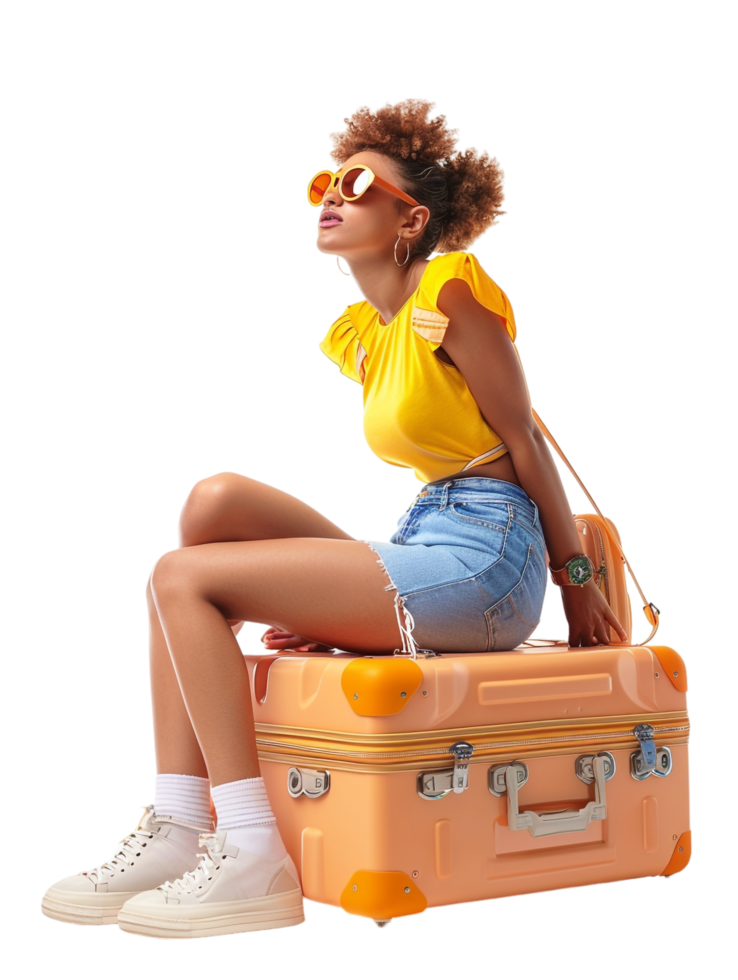 A woman sitting on a new suitcase isolated against a transparent background png