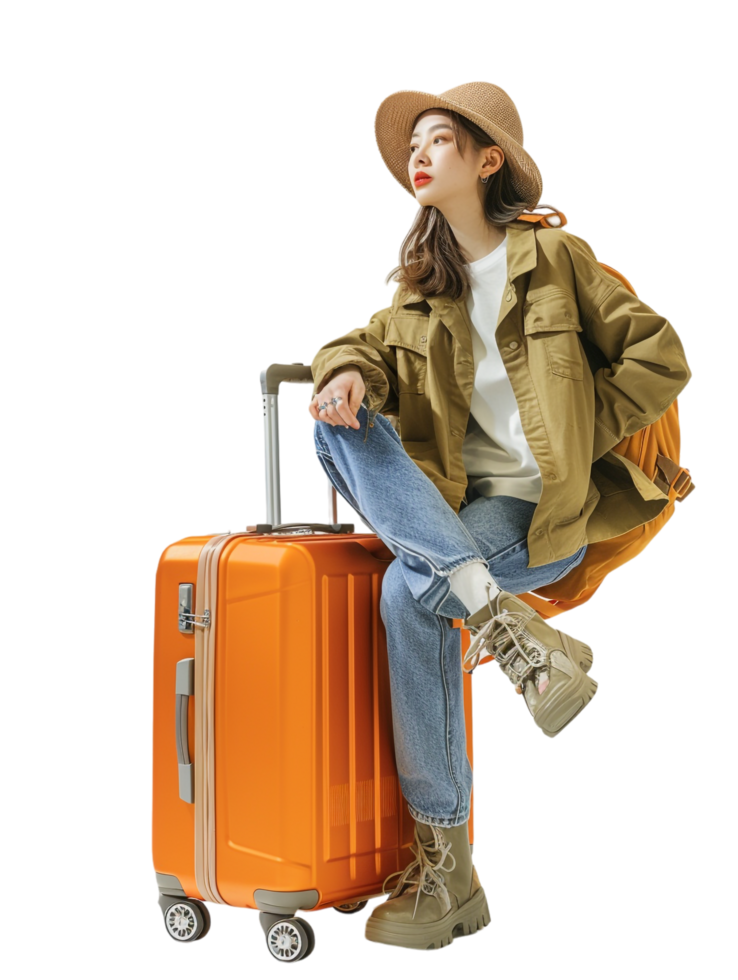 A woman sitting on a new suitcase isolated against a transparent background png