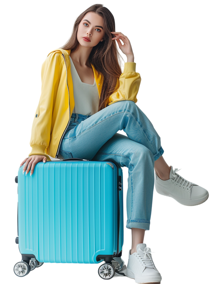 A woman sitting on a new suitcase isolated against a transparent background png