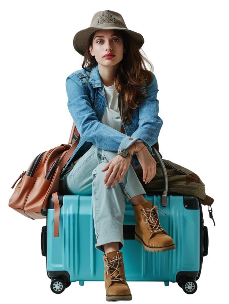 A woman sitting on a new suitcase isolated against a transparent background png