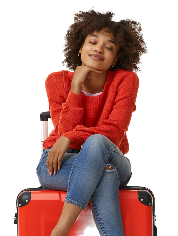 A woman sitting on a new suitcase isolated against a transparent background png