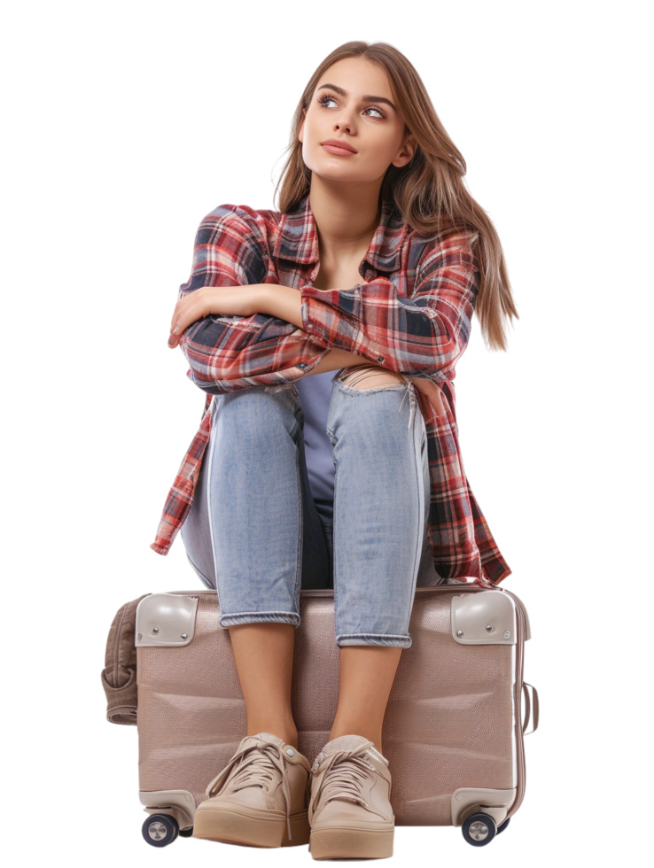 A woman sitting on a new suitcase isolated against a transparent background png