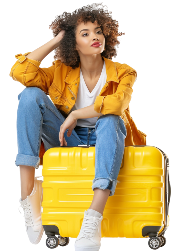A woman sitting on a new suitcase isolated against a transparent background png