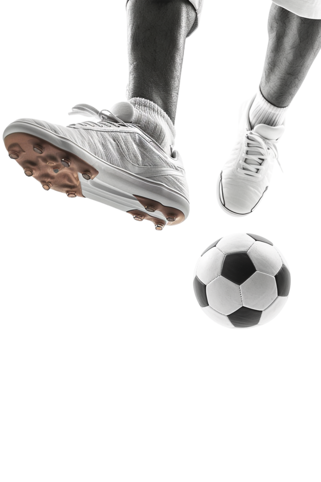 Isolated soccer player's feet with ball against transparent background png