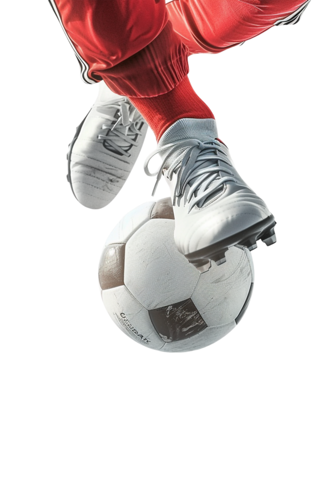 Isolated soccer player's feet with ball against transparent background png