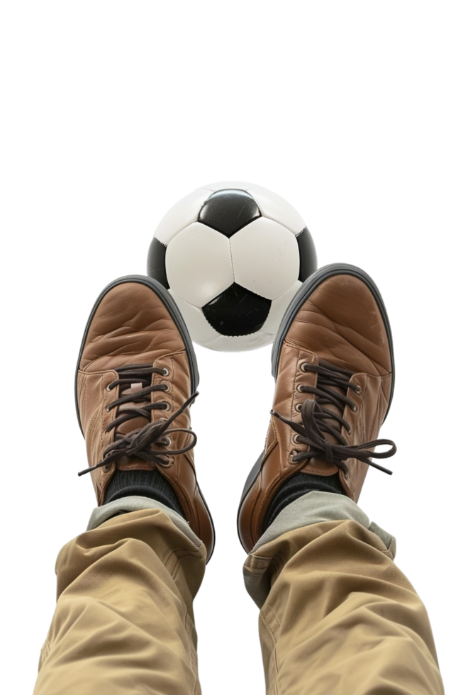 Isolated soccer player's feet with ball against transparent background png