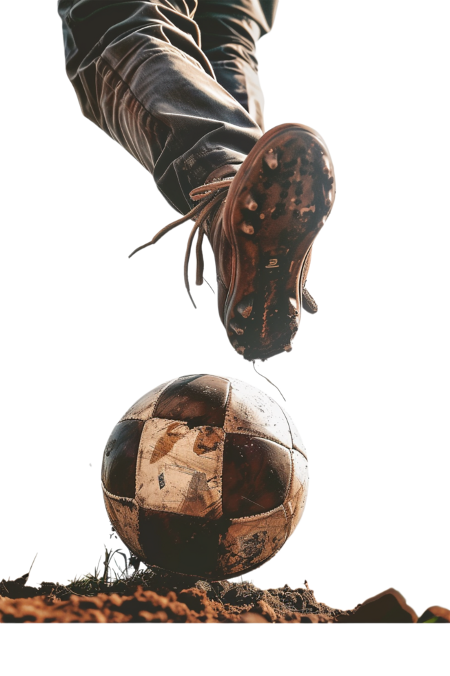 Isolated soccer player's feet with ball against transparent background png