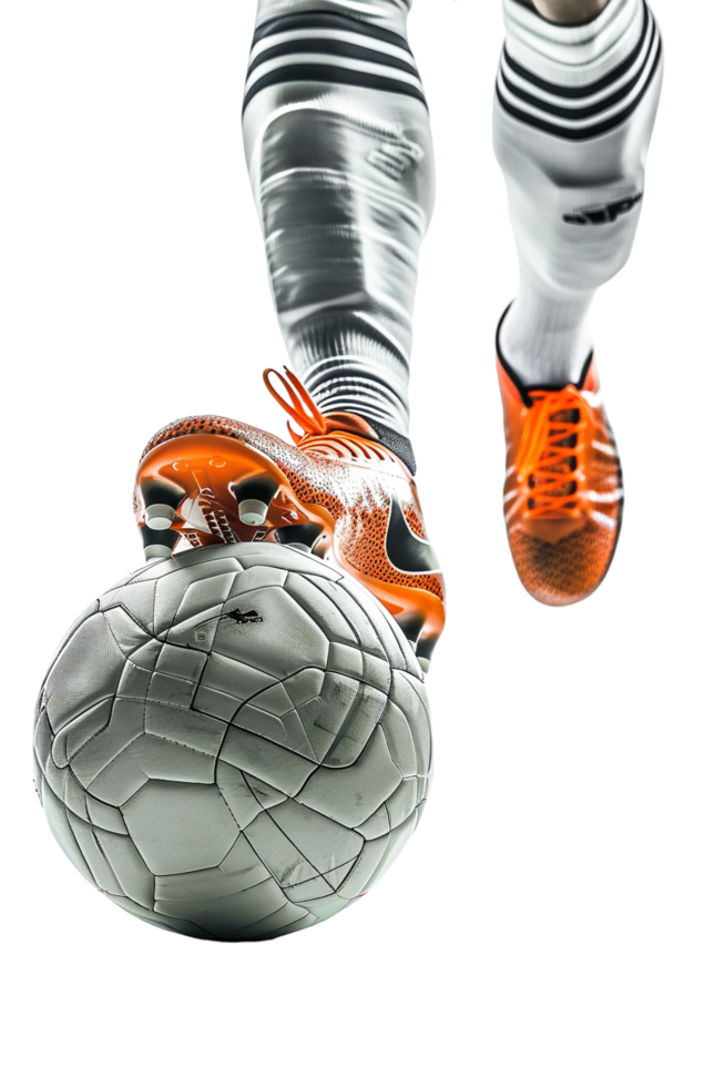 Isolated soccer player's feet with ball against transparent background png