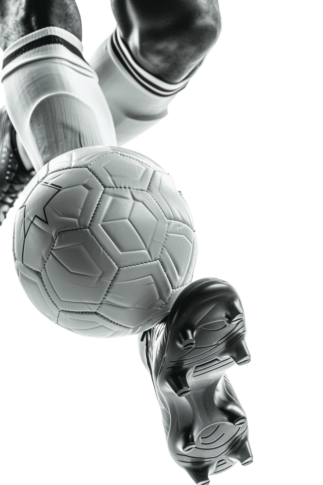 Isolated soccer player's feet with ball against transparent background png
