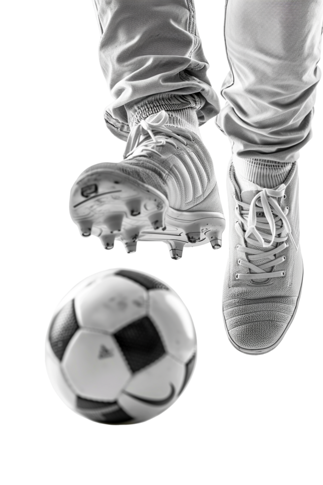 Isolated soccer player's feet with ball against transparent background png