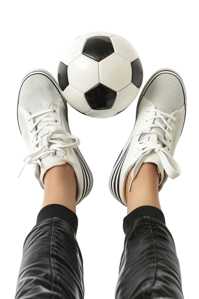 Isolated soccer player's feet with ball against transparent background png