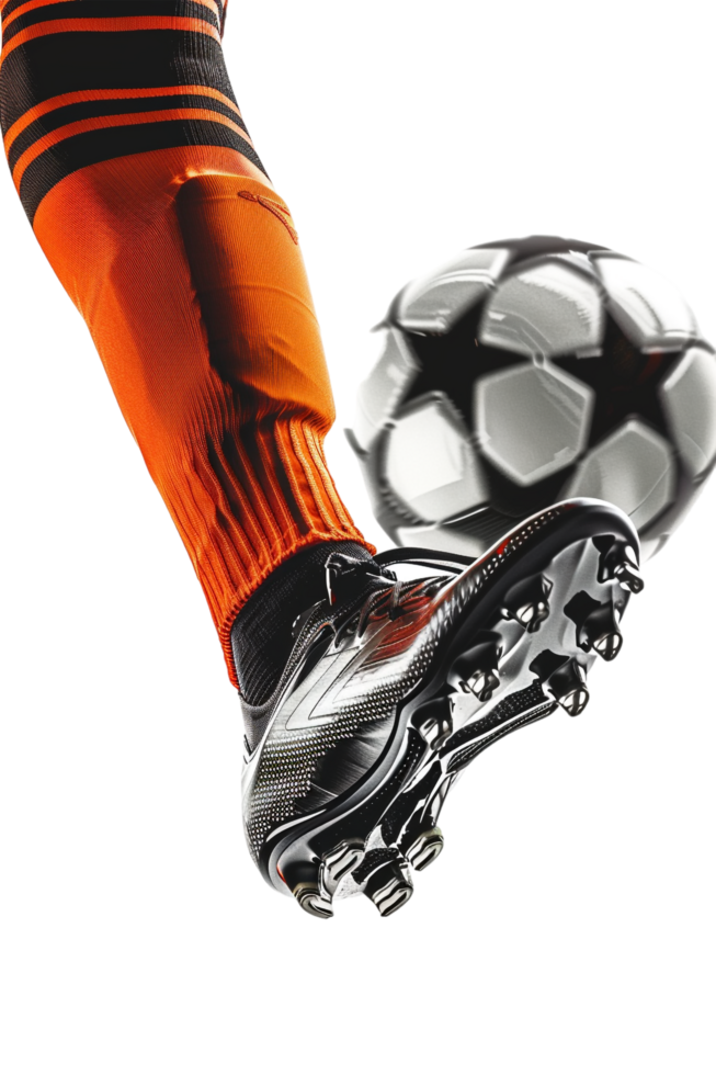 Isolated soccer player's feet with ball against transparent background png