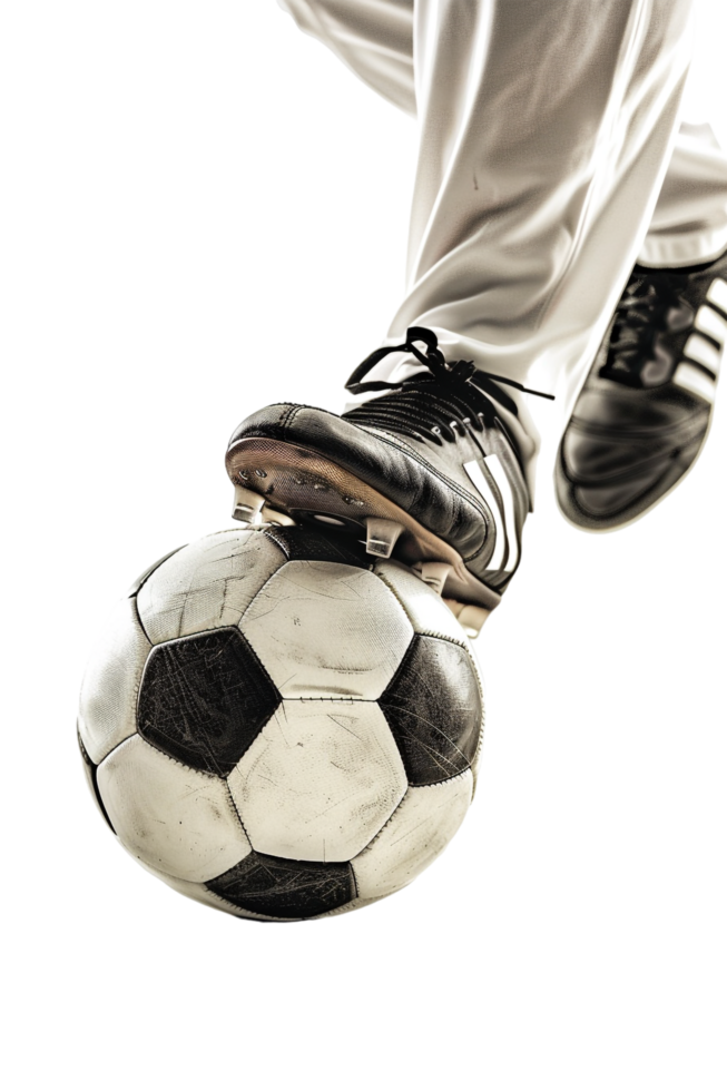 Isolated soccer player's feet with ball against transparent background png