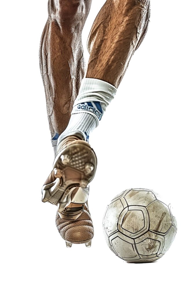 Isolated soccer player's feet with ball against transparent background png