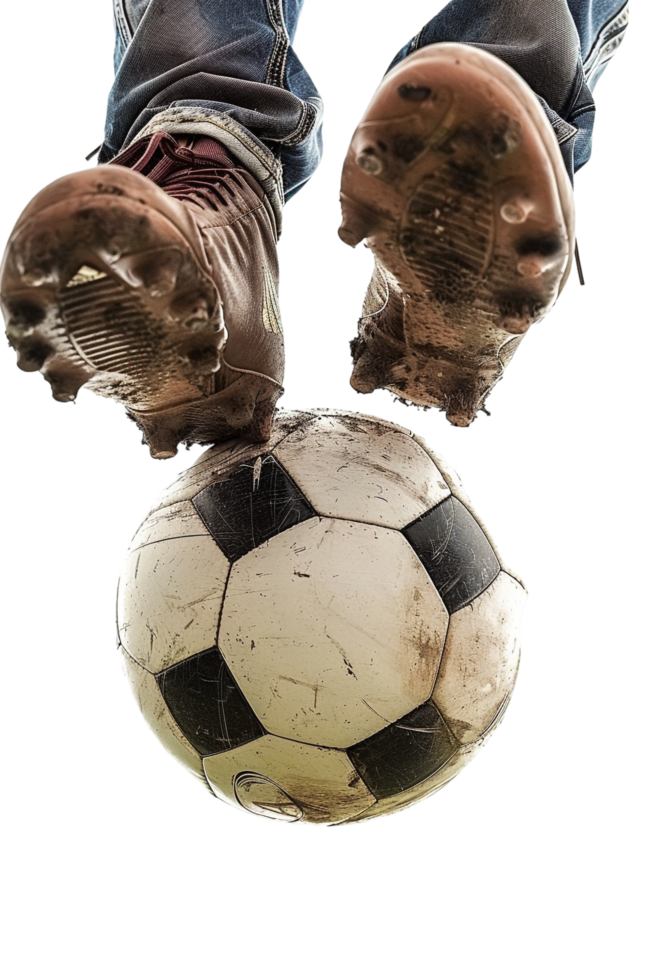 Isolated soccer player's feet with ball against transparent background png