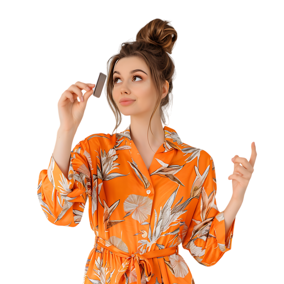 Portrait of young lady hold gadget point empty space dressed stylish orange print garment png