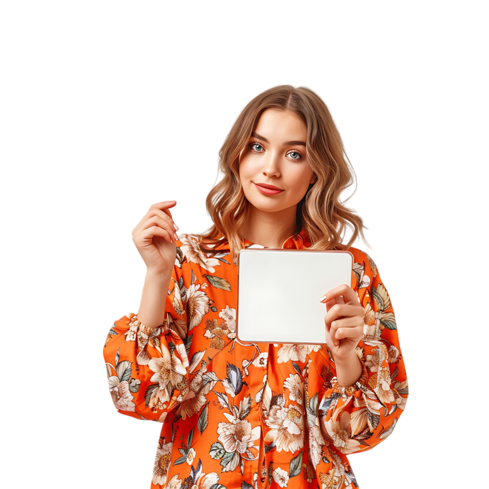 Portrait of young lady hold gadget point empty space dressed stylish orange print garment png