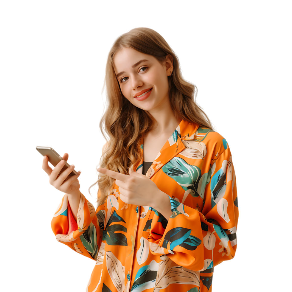 Portrait of young lady hold gadget point empty space dressed stylish orange print garment png